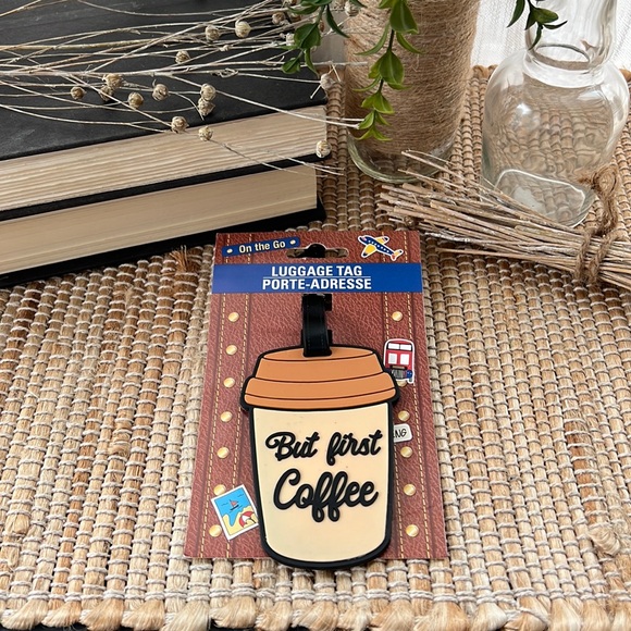 🧳☕️ Luggage tag rubber faux leather but first coffee coffee cup fun travel tag - Picture 1 of 3